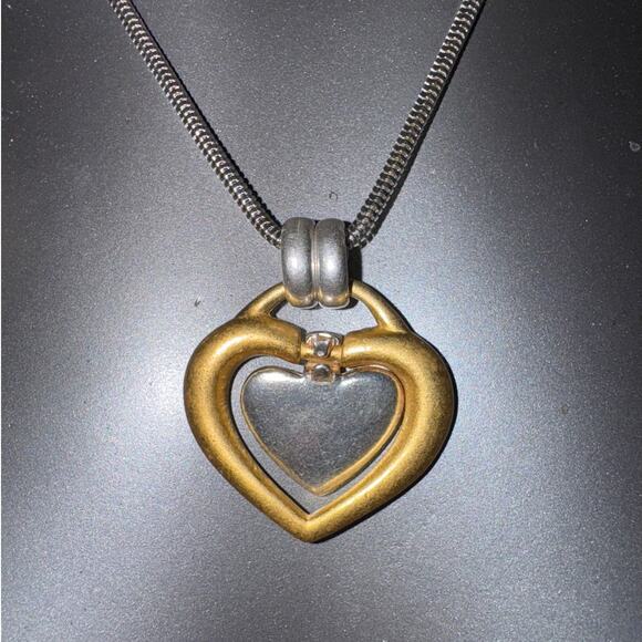 Chico’s Silver Pave Heart Swings Inside Gold Heart 17-20” Chain, NWT Discolored - Picture 2 of 5